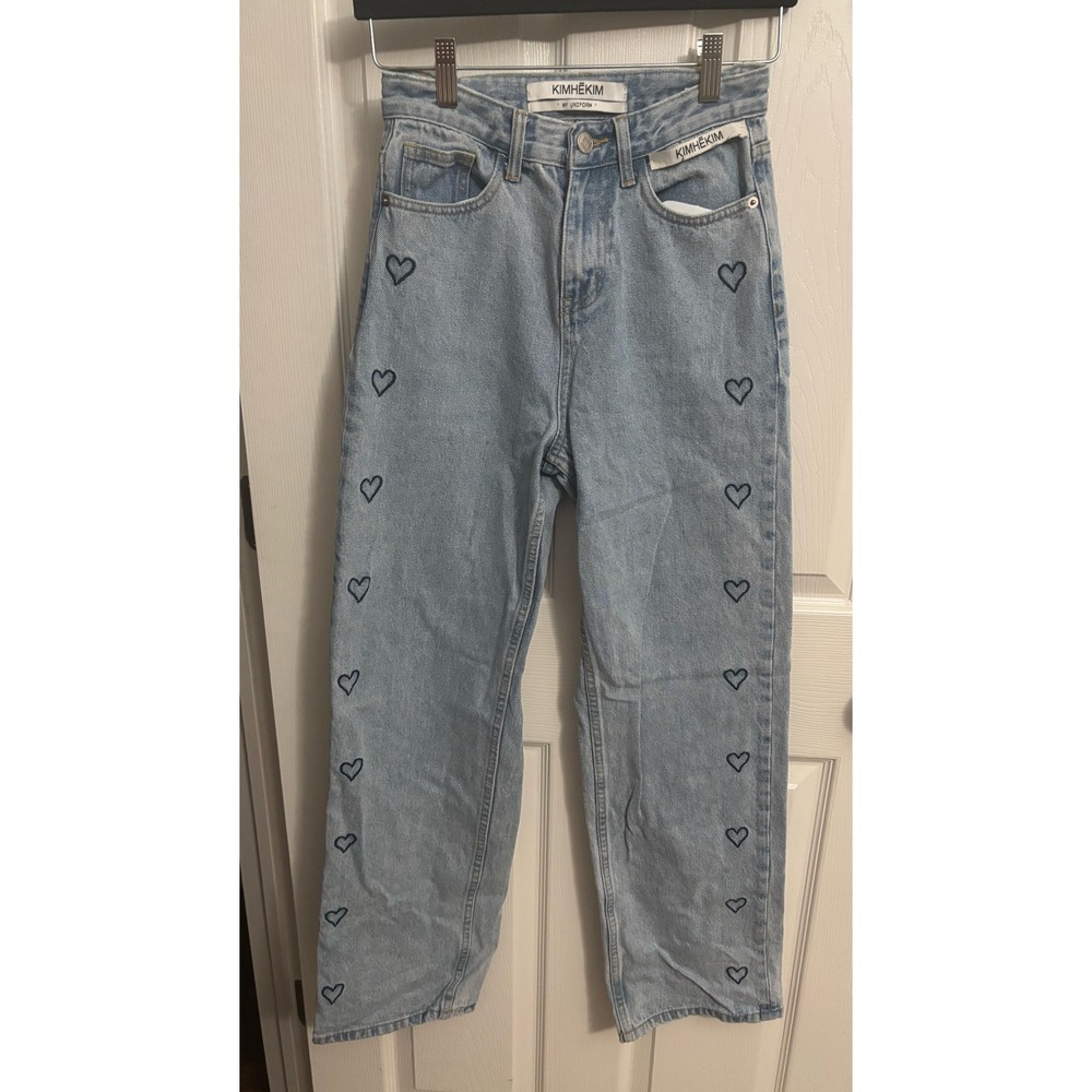 KIMHEKIM | Light Wash Denim Jeans‎ Heart Embroidery Straight Leg Size S
